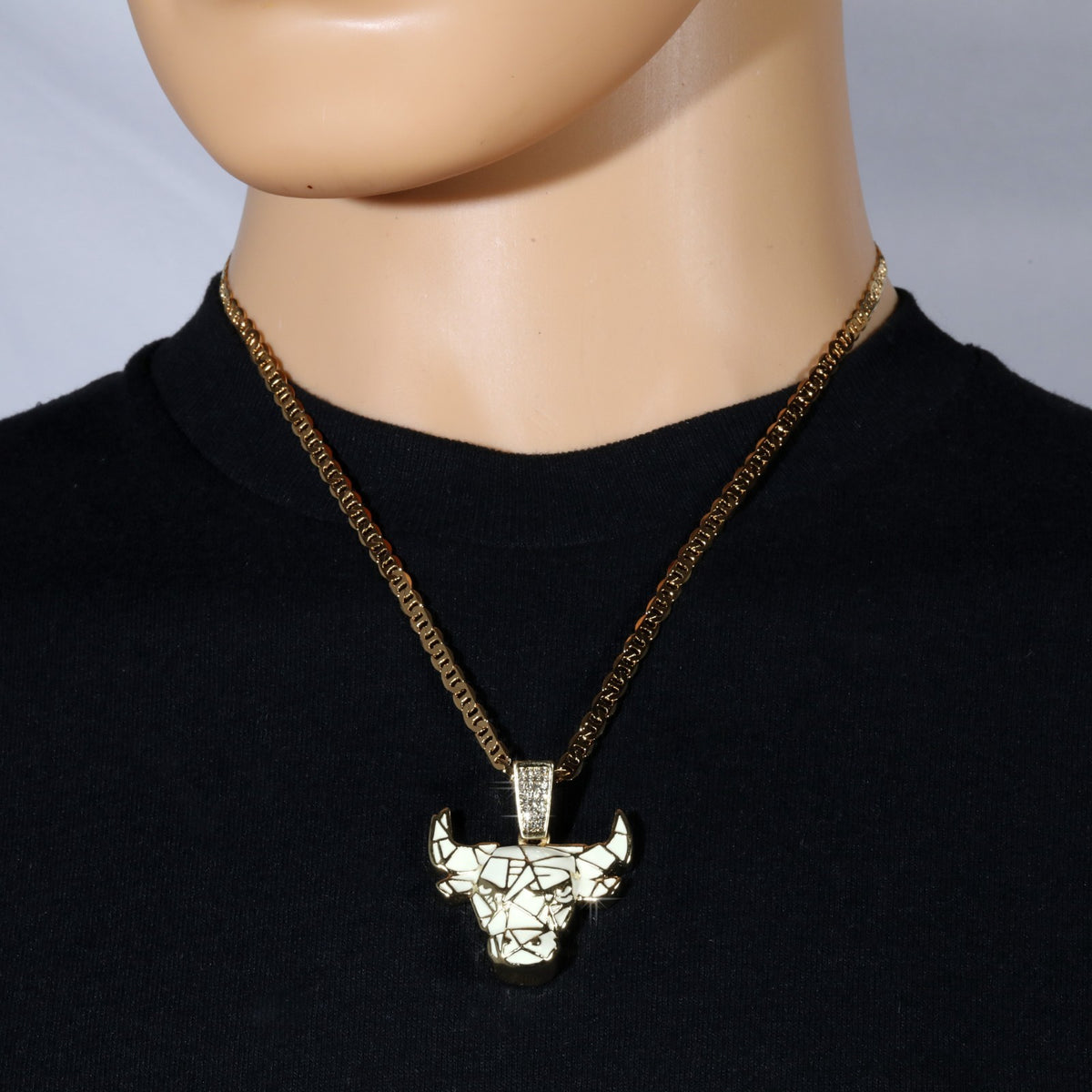 14k Gold Flat Mariner Chain Necklace 20" Bull Taurus White Marble Gold