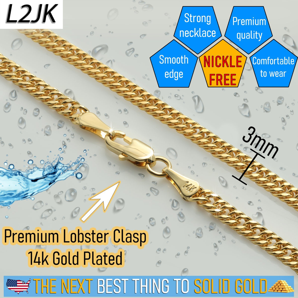 Cuban Chain Link Cascade Necklace 14k Gold 3mm - 30"In