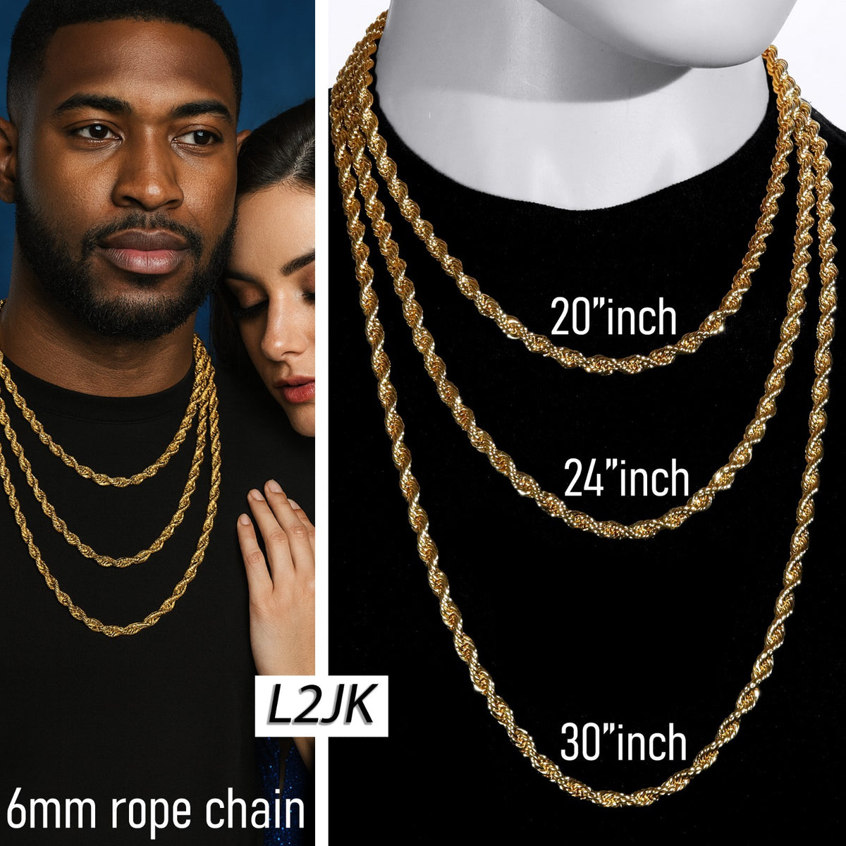 14k Gold 3mm, 4mm, 5mm & 6mm Rope Chain 20', 24" & 30" Men's Boys Necklace