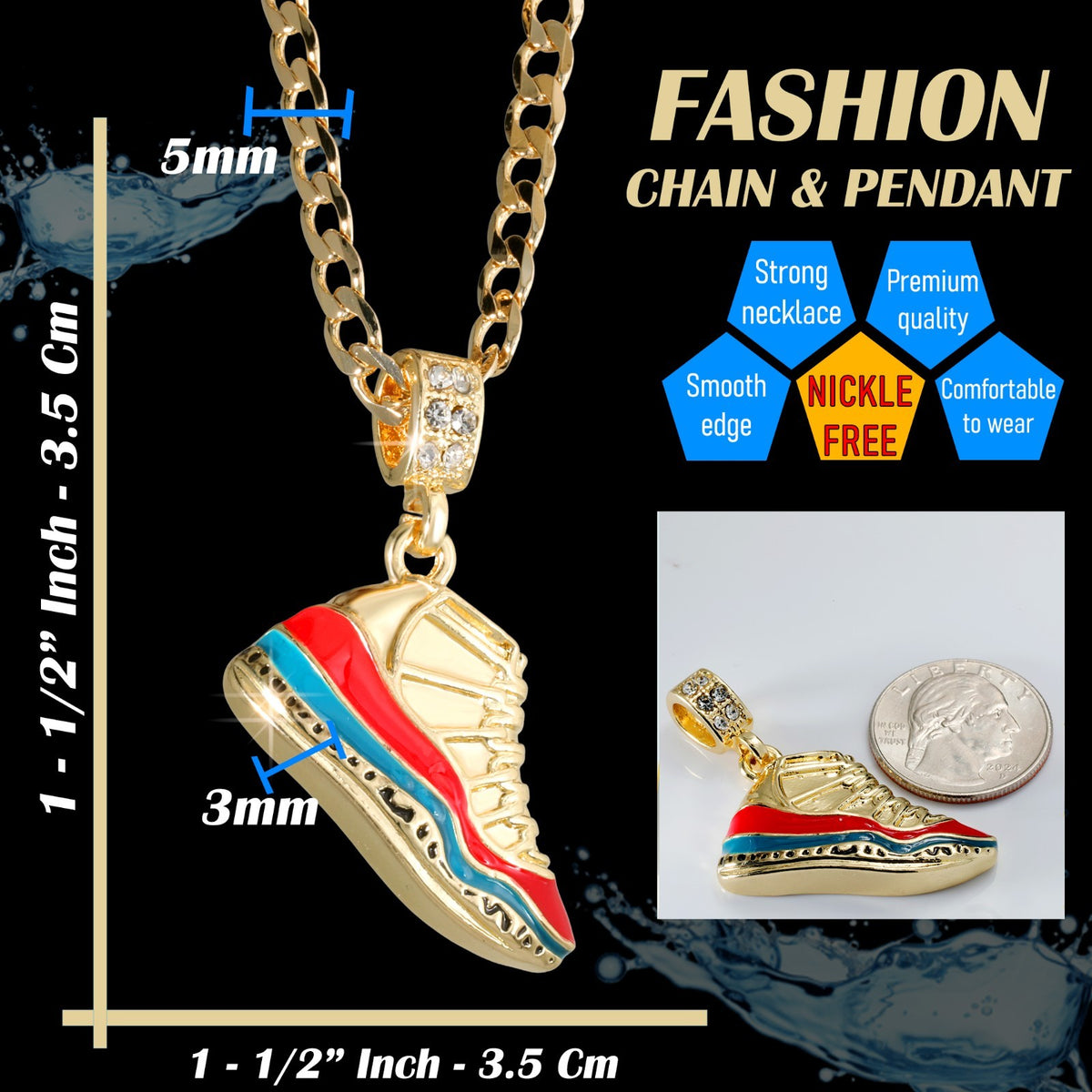 14k Cuban Chain Necklace 5mm A1r Blue & Cherry Basketball Gold