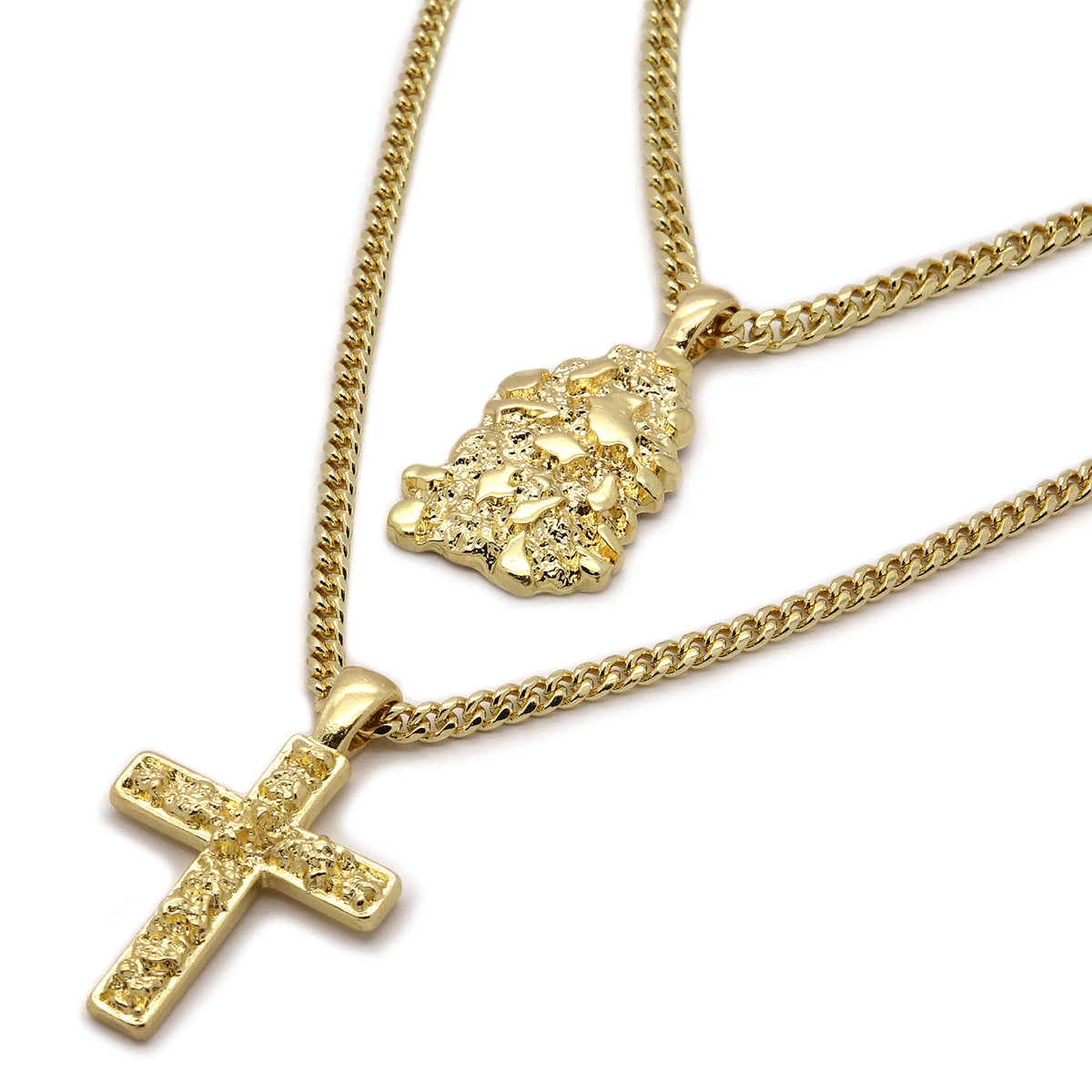 Men's 14k Gold High 2 Pc Nugget & Cross 3mm 30" & 24" Cuban Chain