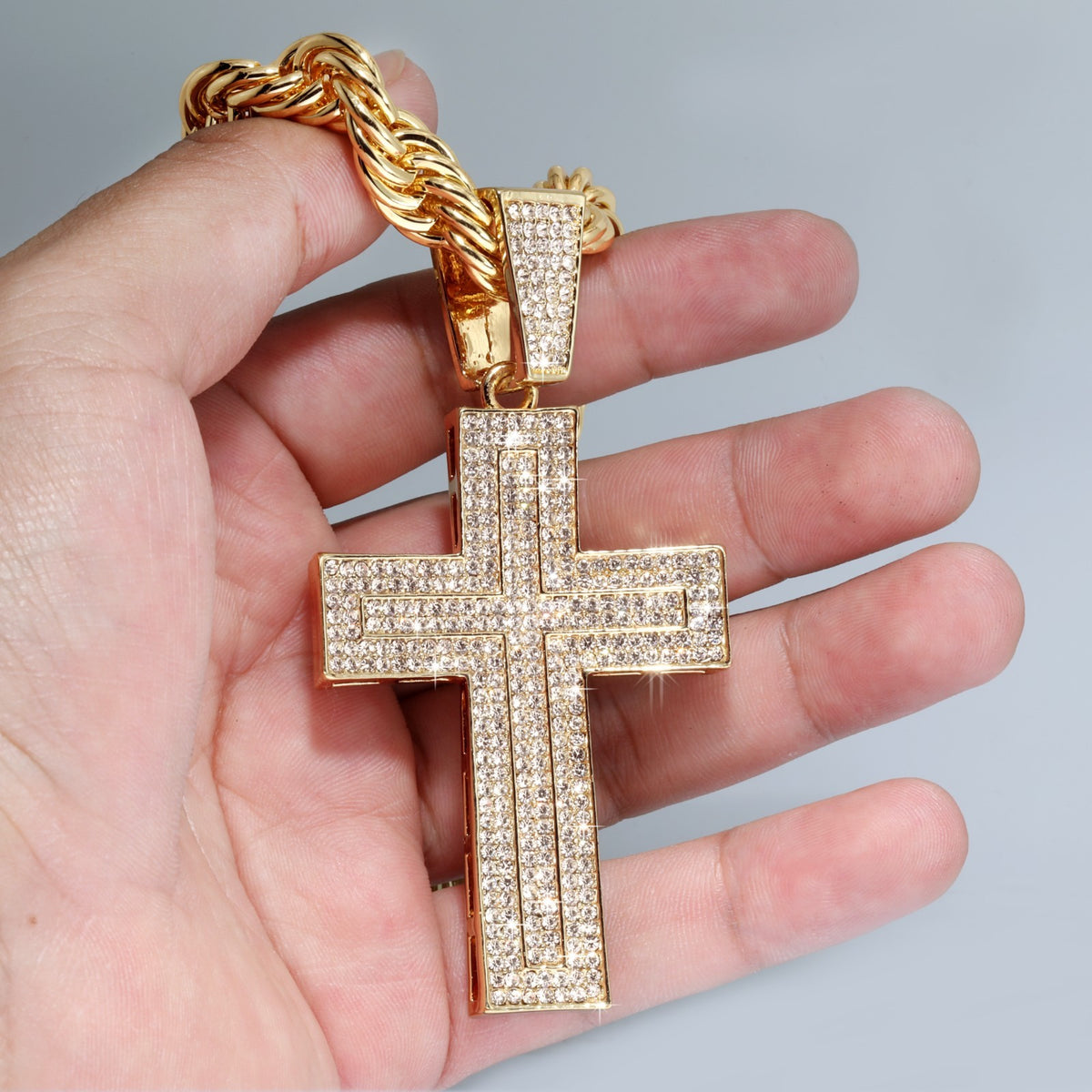 14k Rope Chain 10mm 20" & 24"In Large Curved Cross Gold Style