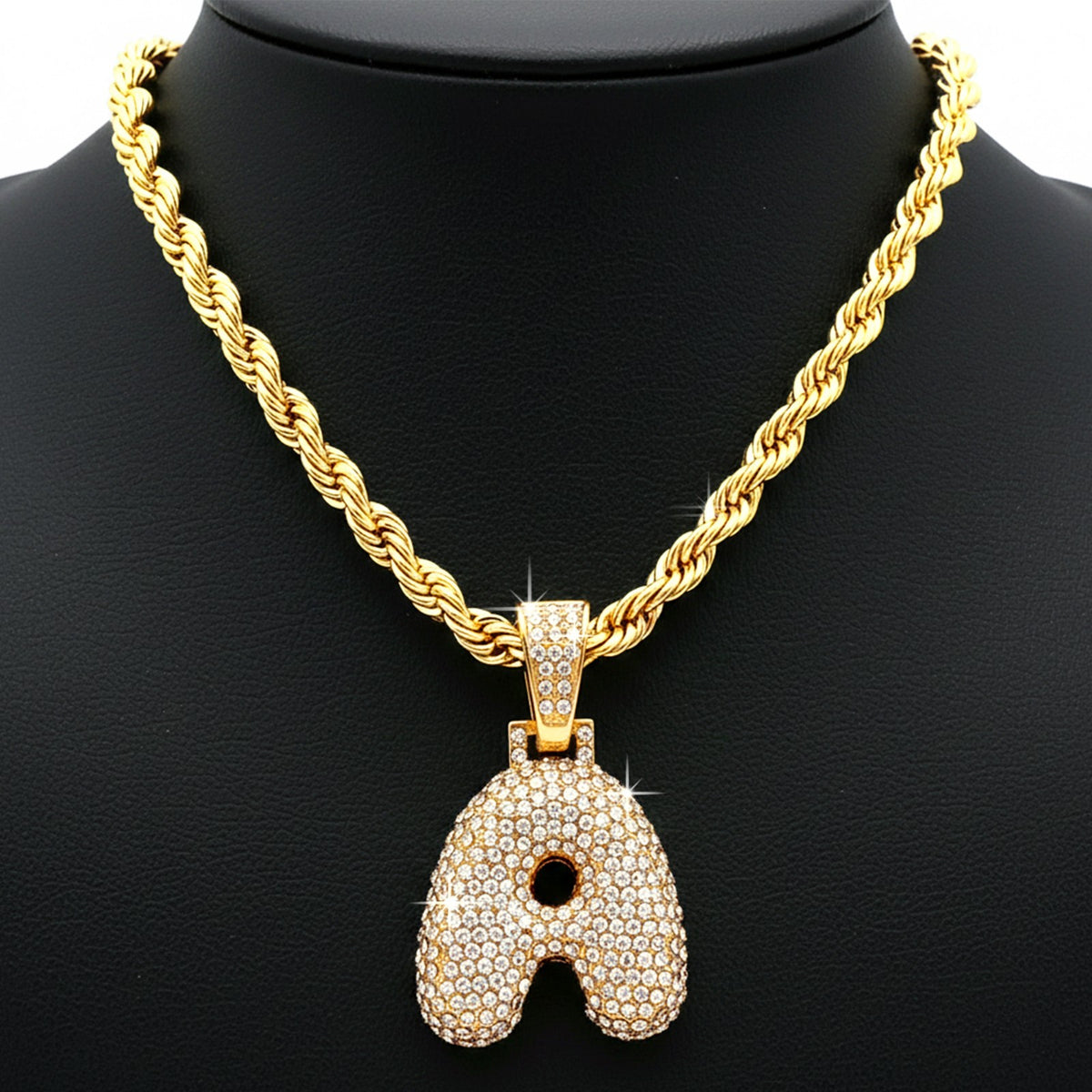 14k Rope Chain 4mm 20", 24" & 30"In Alphabet Bubble Letter Initial Gold