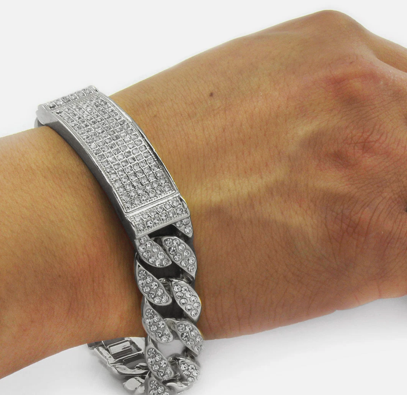 925 Silver Tone-Diamond Stone Miami Cuban Style Bracelet