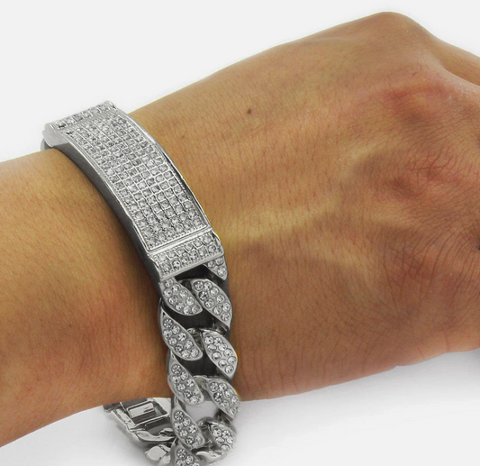 925 Silver Tone-Diamond Stone Miami Cuban Style Bracelet