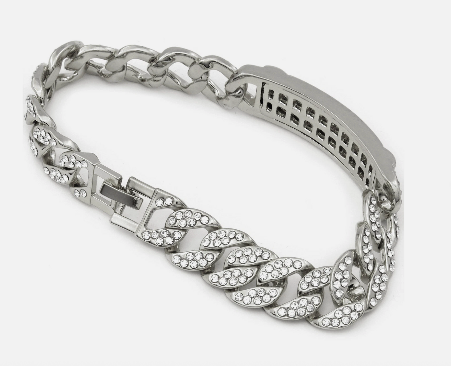 925 Silver Tone-Diamond Stone Miami Cuban Style Bracelet