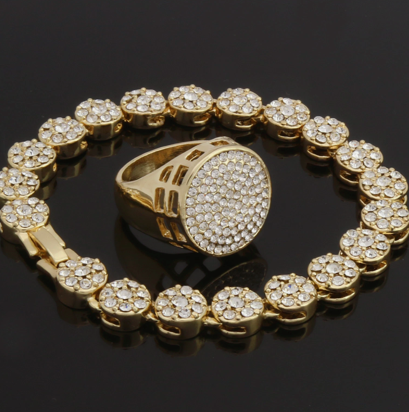 14k 2pc Flower Bracelet Round Ring Set Miami Link Yellow Gold