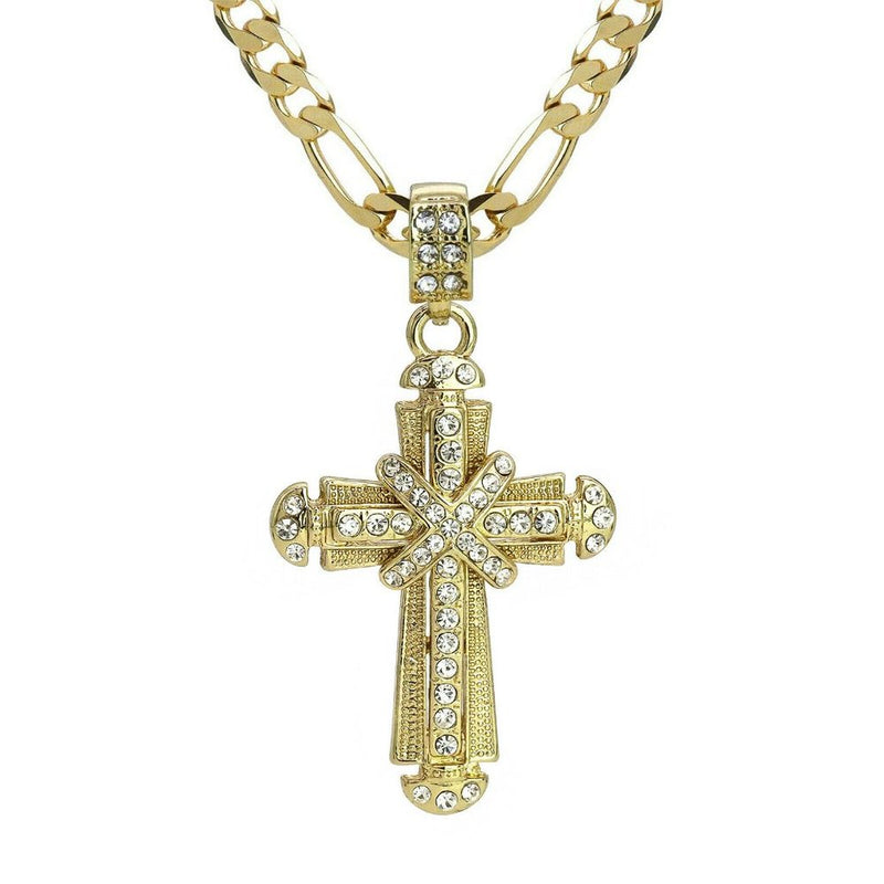 14k Iced Men's Cross Pendant + Necklace