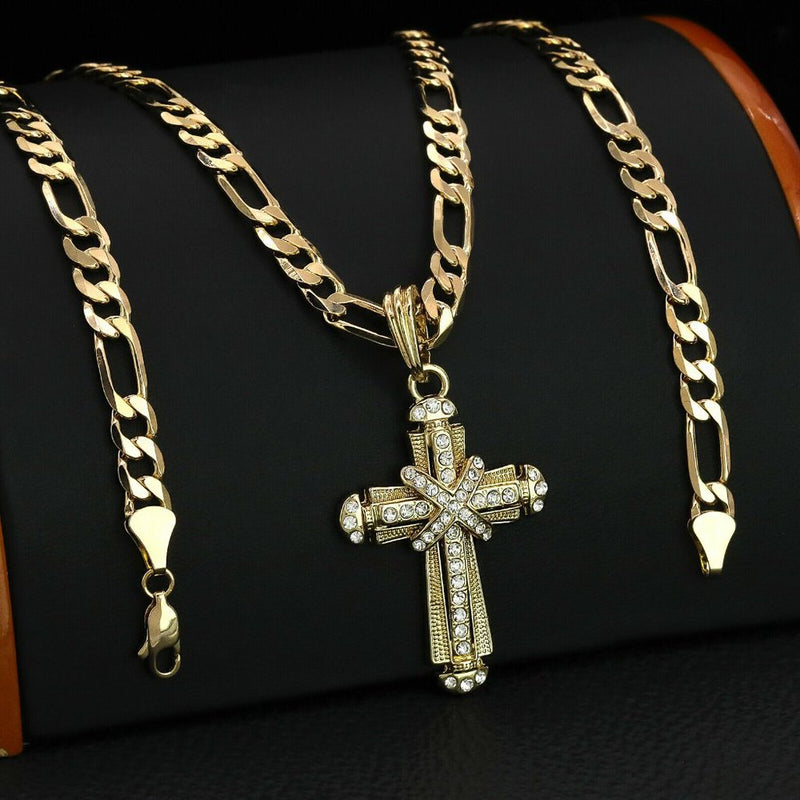 14k Iced Men's Cross Pendant + Necklace