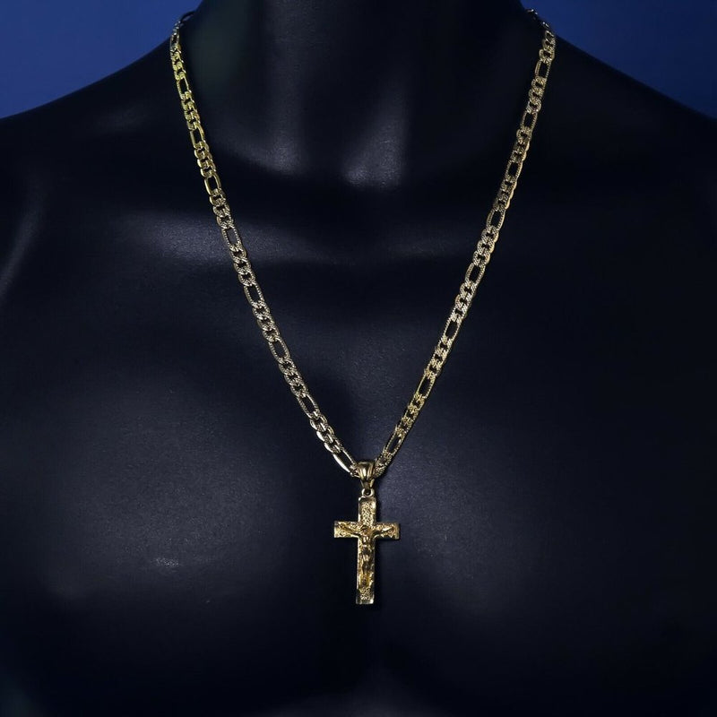 14k Gold Cross 24" Figaro Necklace Pendant