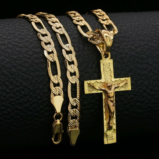 14k Gold Cross 24" Figaro Necklace Pendant