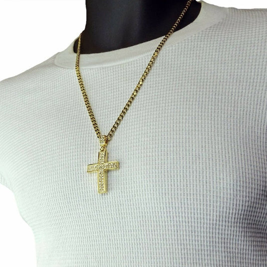 Mens Cross Necklace 14k Gold 24" Cuban Necklace