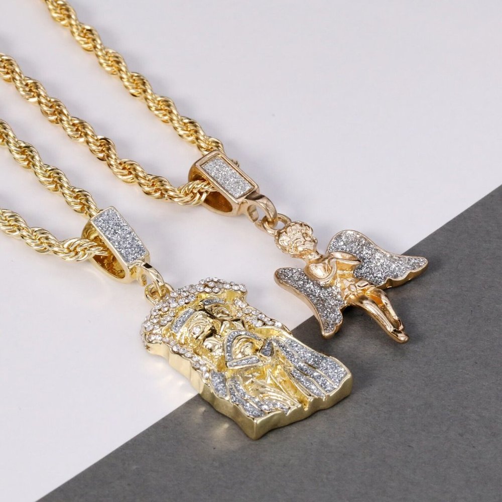 14k Jesus And Angel Pendant Rope Necklace