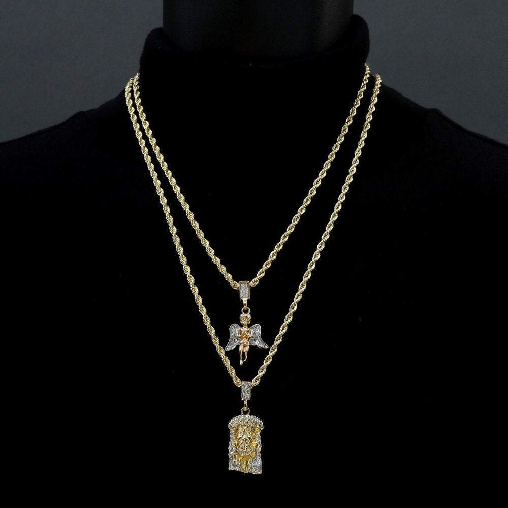 14k Jesus And Angel Pendant Rope Necklace