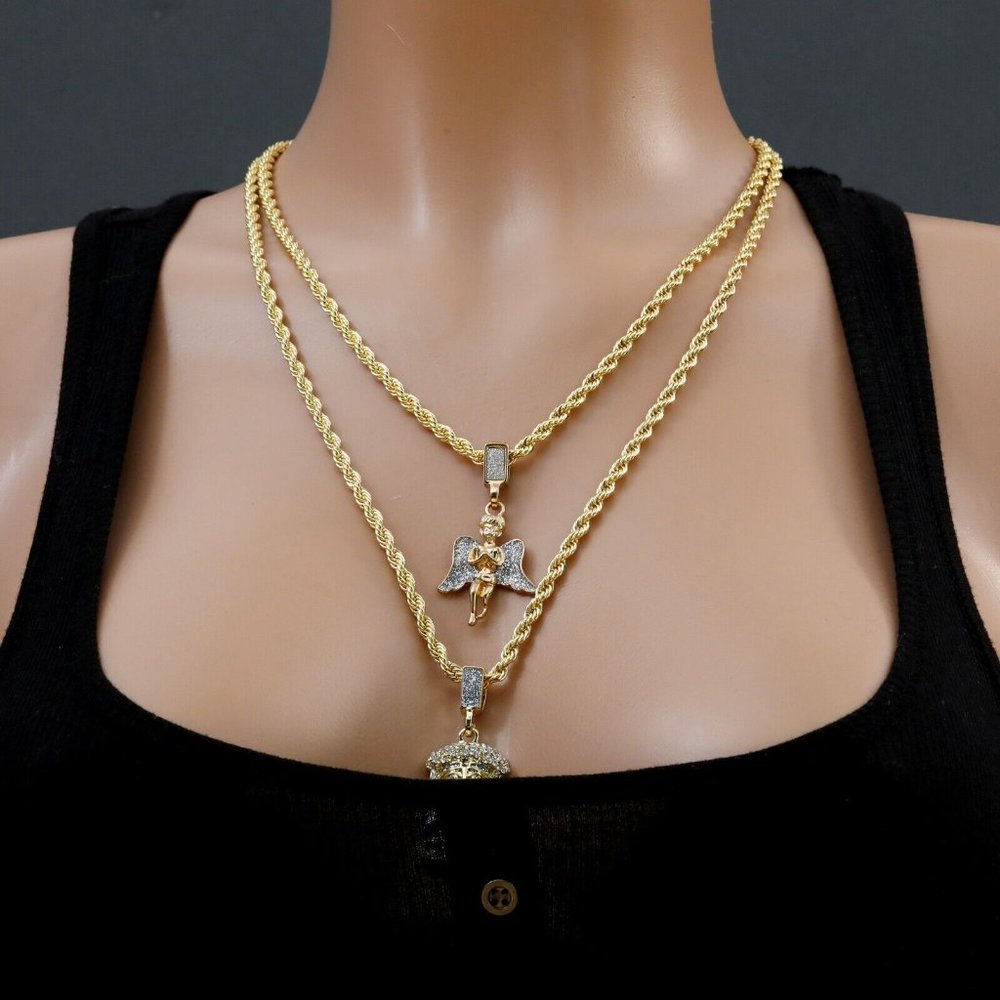 14k Jesus And Angel Pendant Rope Necklace