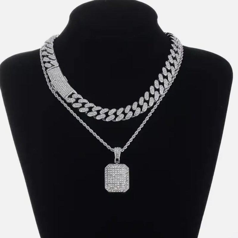 Silver Dog Tag Pendant & Iced Cuban Chain Icy Necklace