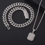Silver Dog Tag Pendant & Iced Cuban Chain Icy Necklace