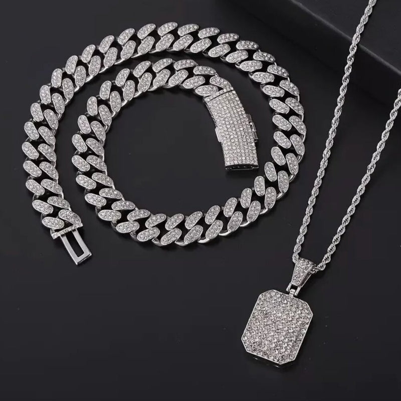 Silver Dog Tag Pendant & Iced Cuban Chain Icy Necklace