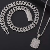 Silver Dog Tag Pendant & Iced Cuban Chain Icy Necklace