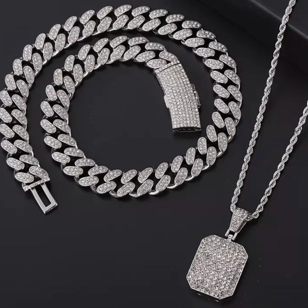 Silver Dog Tag Pendant & Iced Cuban Chain Icy Necklace