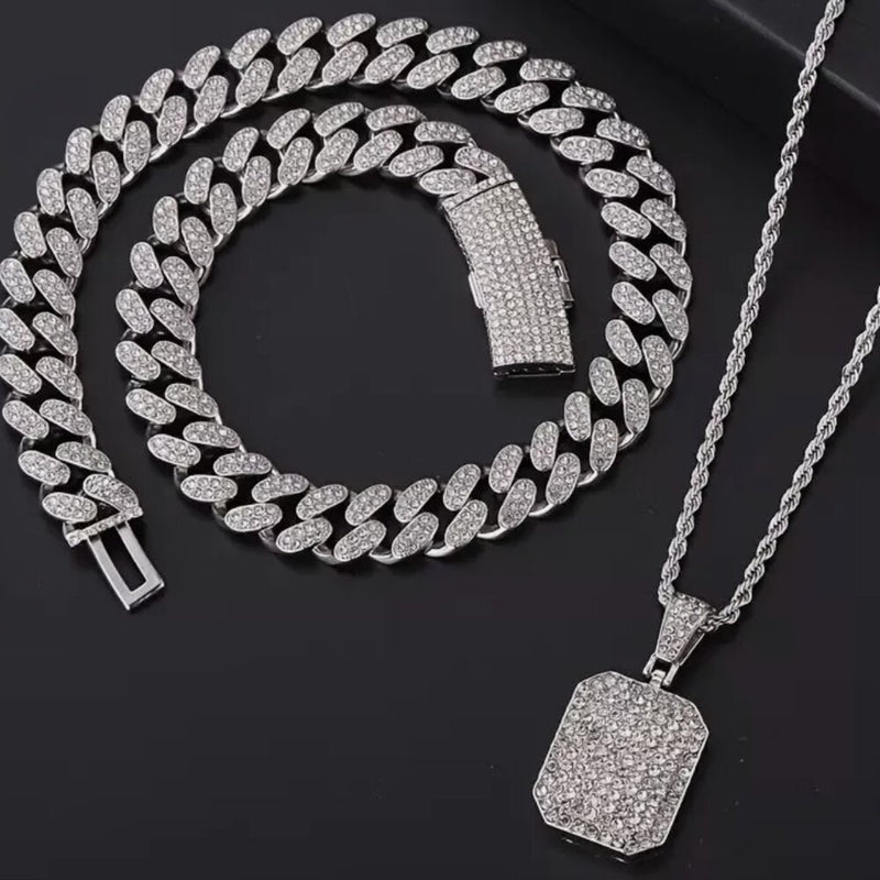 Silver Dog Tag Pendant & Iced Cuban Chain Icy Necklace