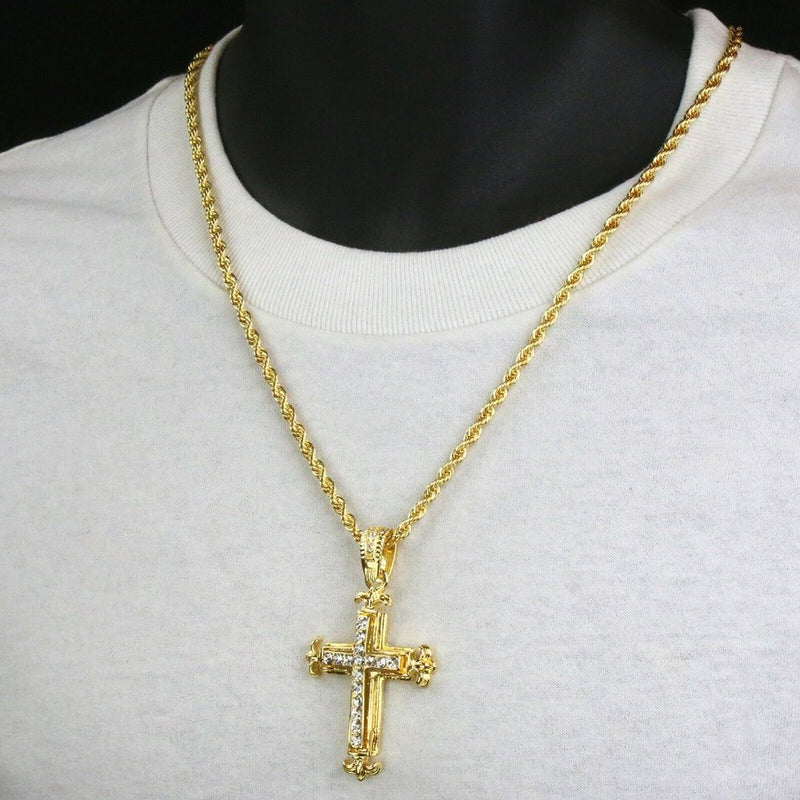 14k Gold Jesus Cross 24" Stamped Necklace