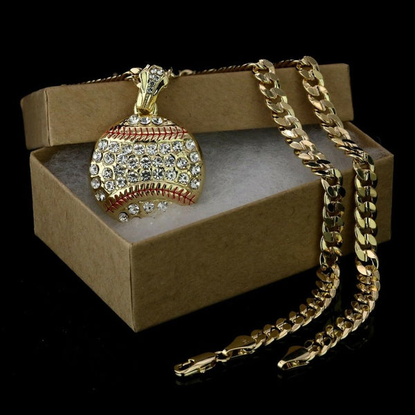 Men's 14k Gold Baseball Stamped Pendant + Cuban Necklace Iced
