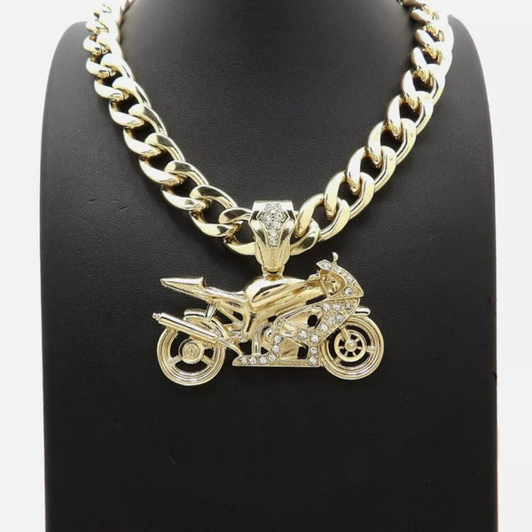 14k Motorcycle Bike 20" Cuban Necklace 10mm