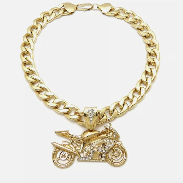 14k Motorcycle Bike 20" Cuban Necklace 10mm
