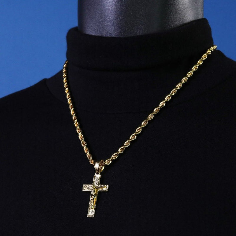 14k Gold Jesus 20" Nugget Cross Necklace Pendant