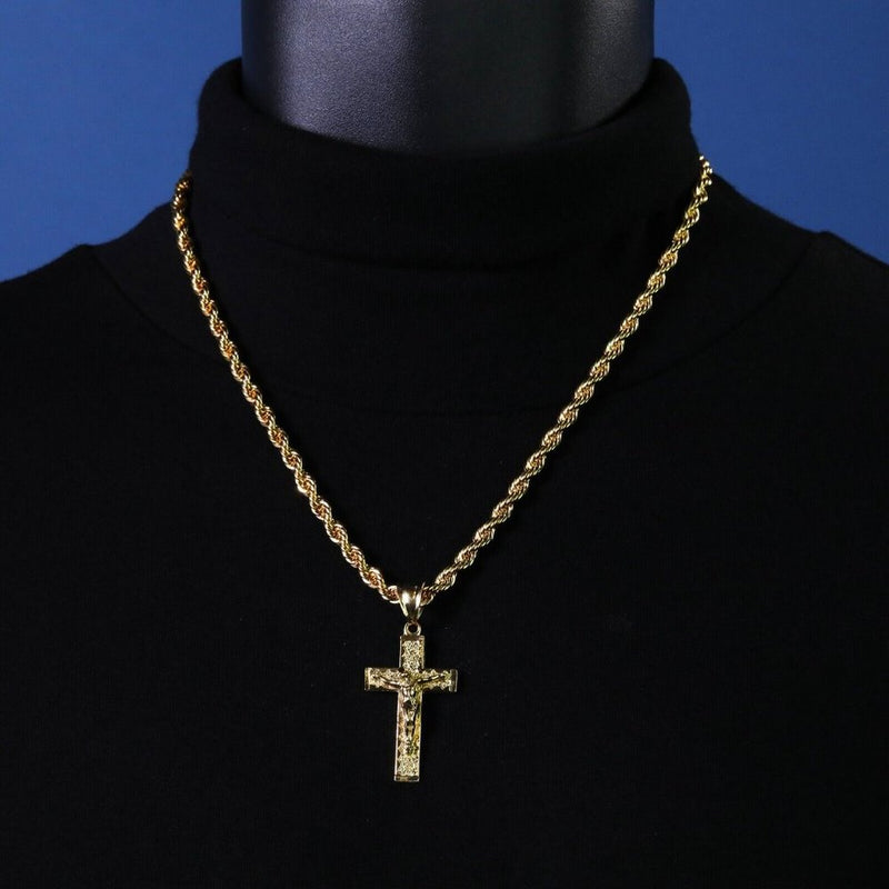 14k Gold Jesus 20" Nugget Cross Necklace Pendant