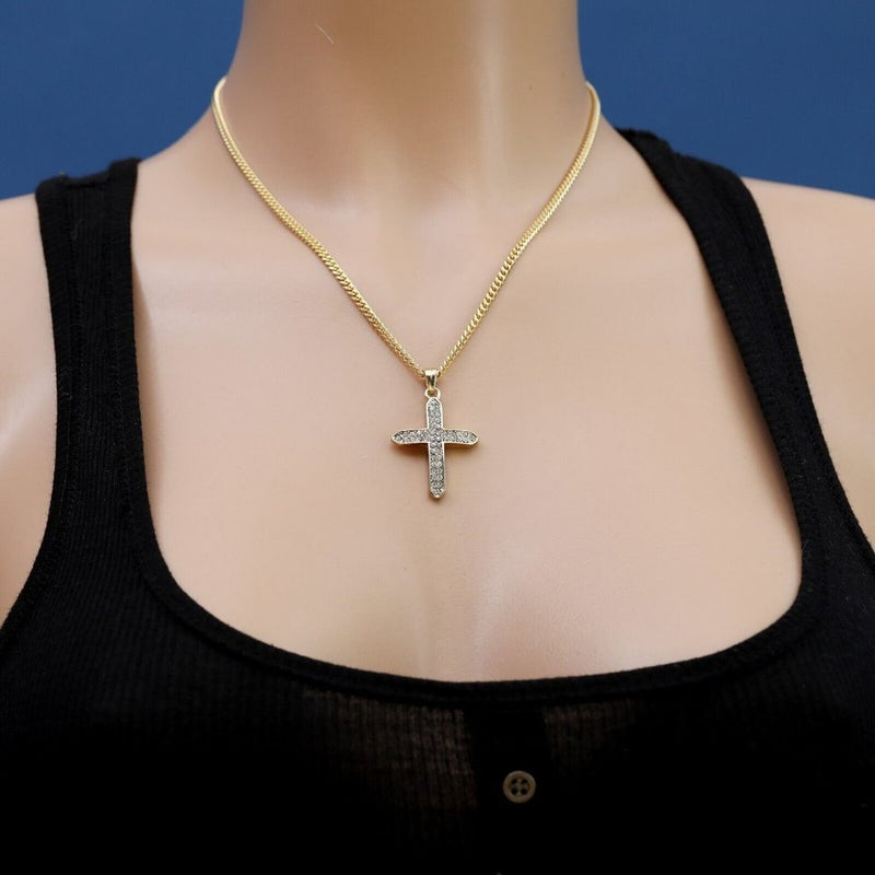 14k Gold Cuban Cross Ladies Necklace