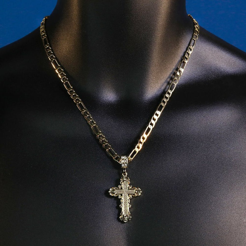 14k Gold Necklace Cross Royal Figaro Necklace