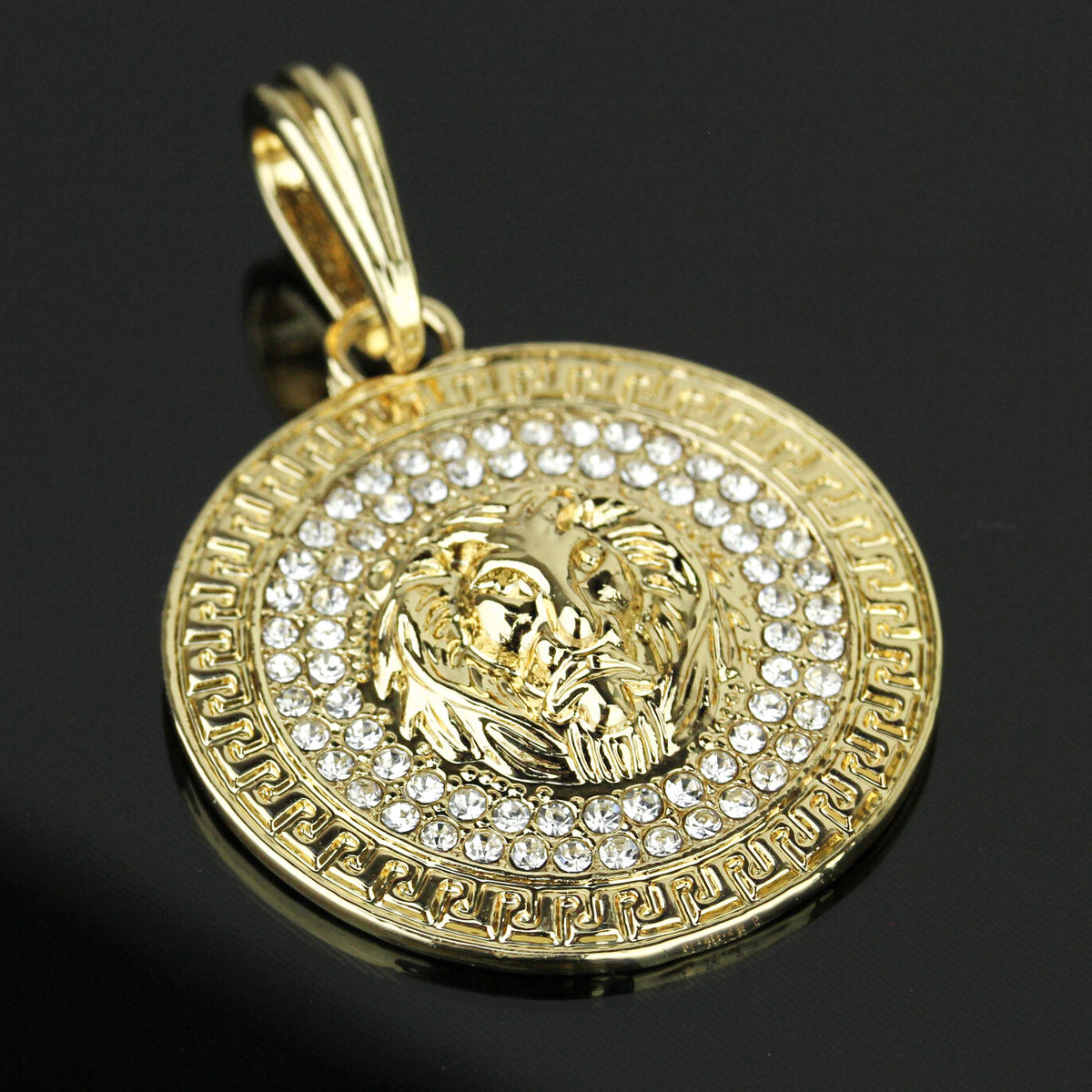 Men's 14k Gold Lion Medallion Pendant CZ 30" Cuban #98 Chain