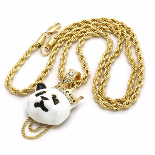 14k Gold Custom Crown Panda Pendant CZ 24" Rope Chain