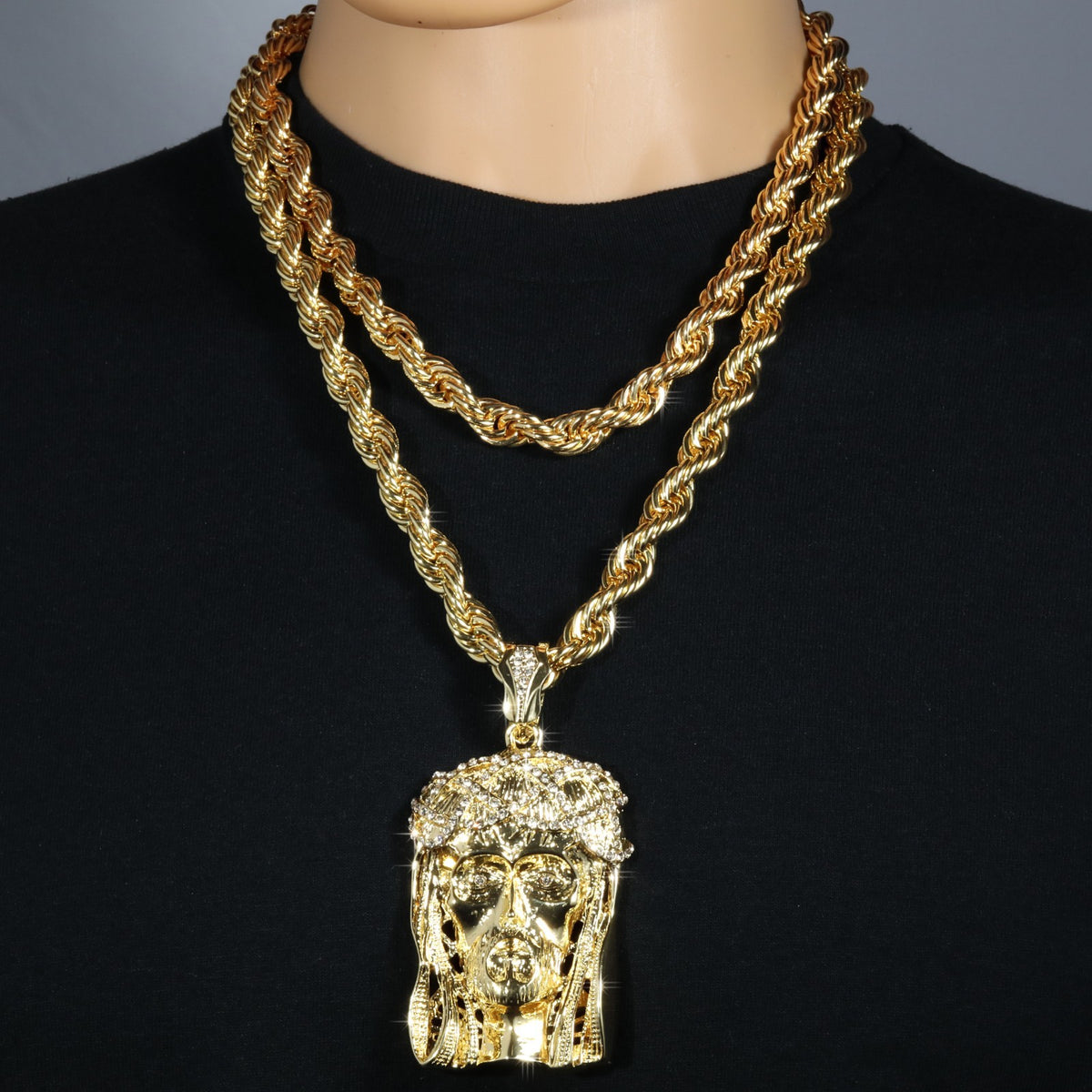 14k Rope Chain 10mm 20" & 24"In Large Crowned Jesus Piece Gold