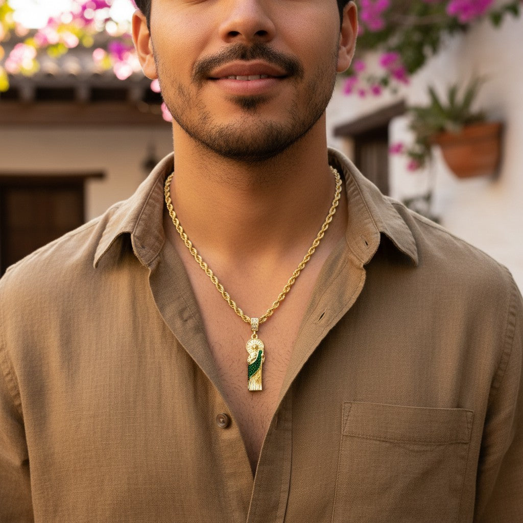 14k Gold San Judas Pendant Necklace with Iced Out Cz,20" Rope Chain Green