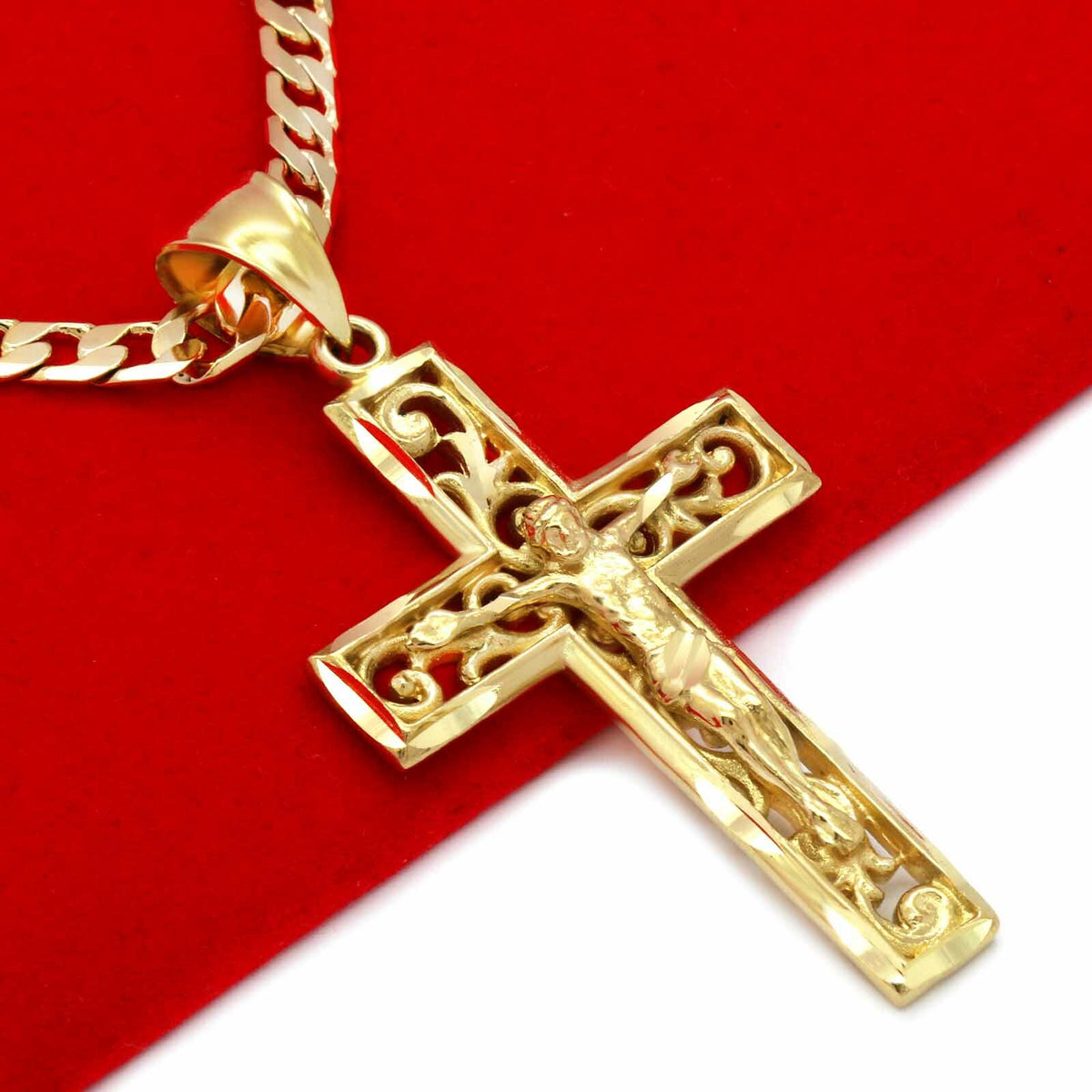 Men's 18k Gold " Jesus in Cross" Pendant 6mm 24" Cuban Chain