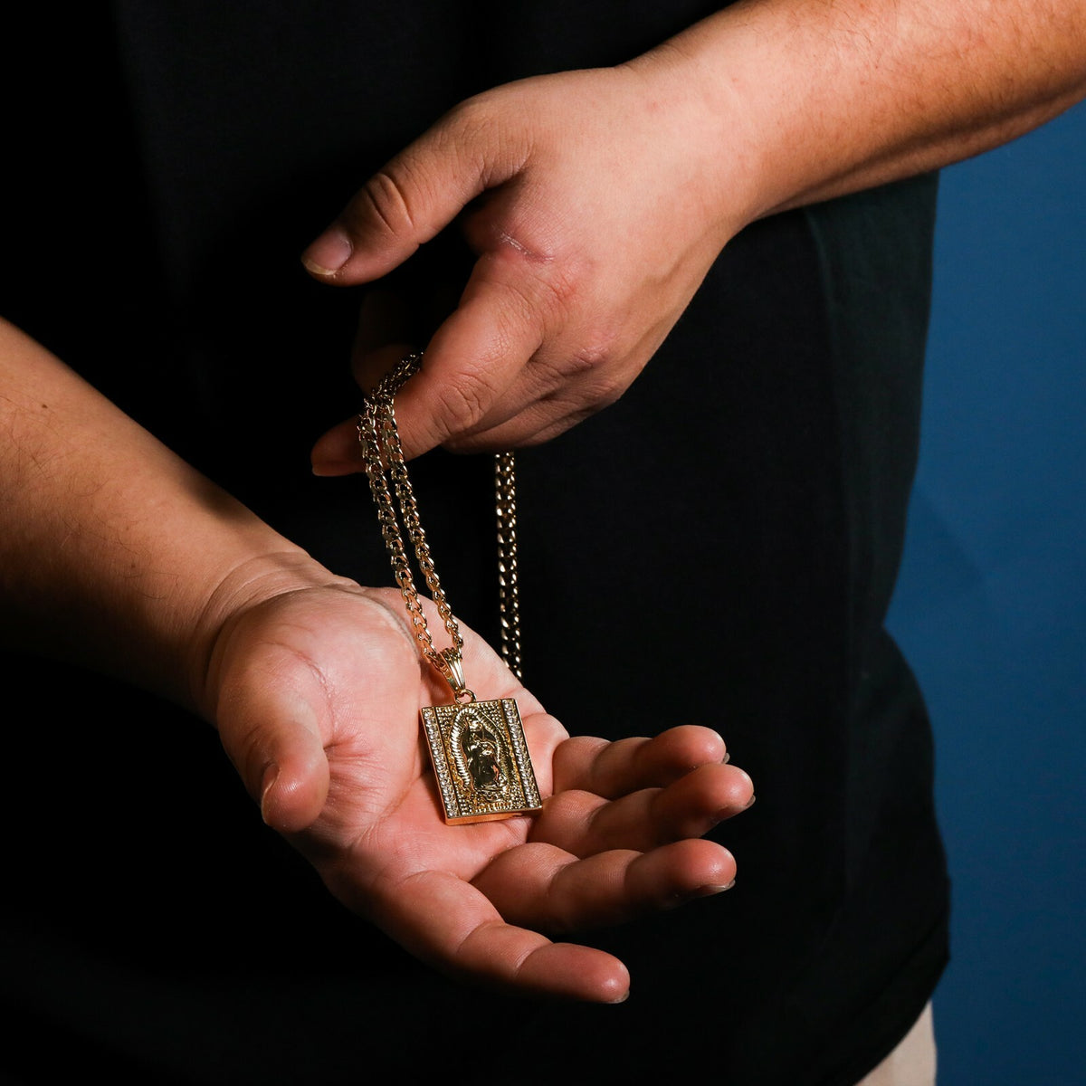 Virgin Mary Pendant 24" Cuban Chain 14k Gold Square