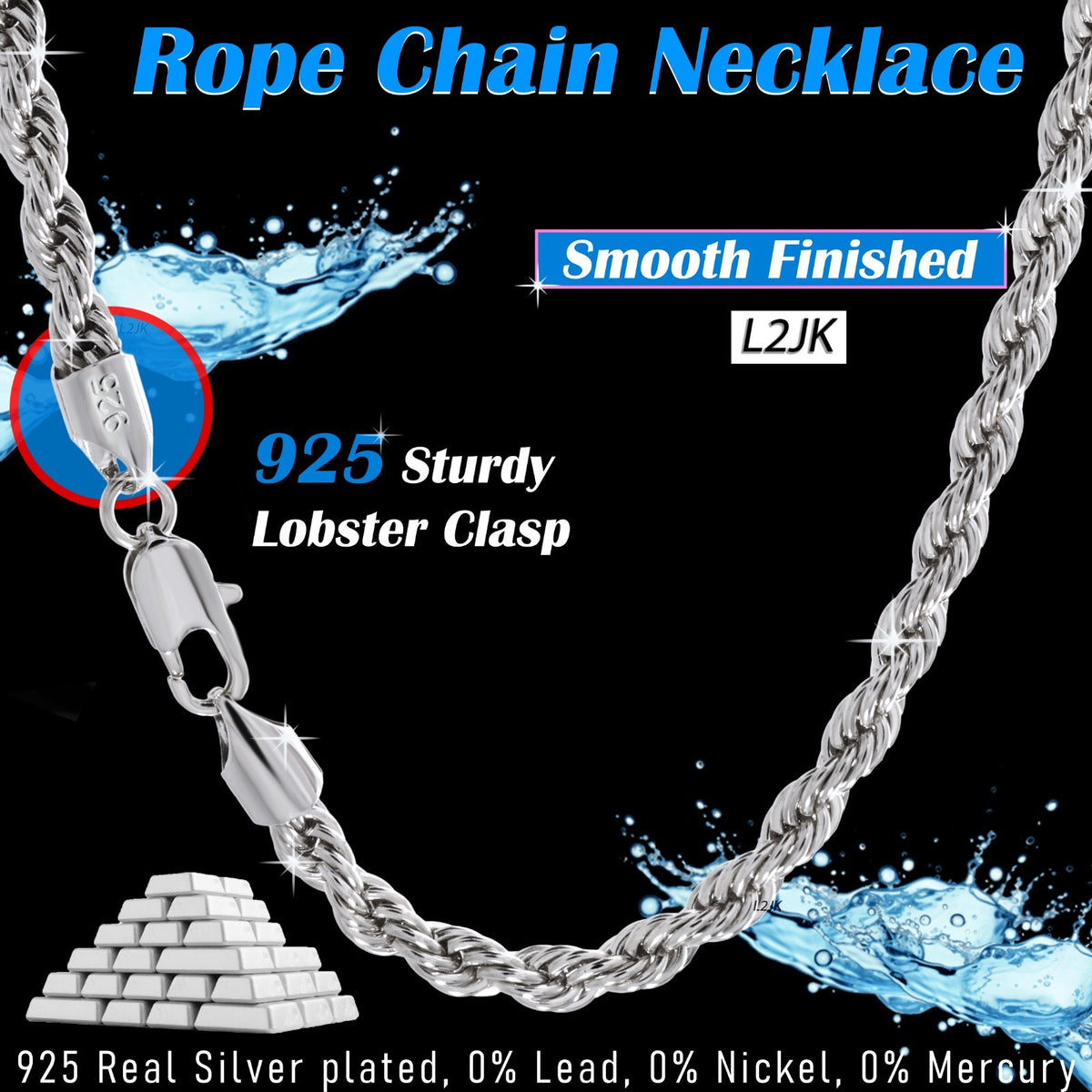 Rope Chain 925 Silver 20" Necklace 3mm, 4mm, 5mm, 6mm Men & Women Jewelry