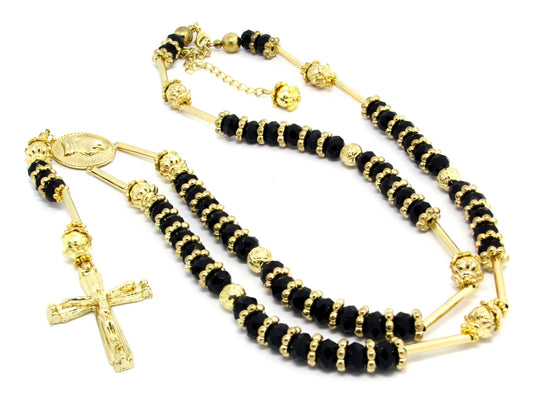 Gold Black 39" Wood Beaded Jesus Rosary Cross Pendant Pray Hands Charm