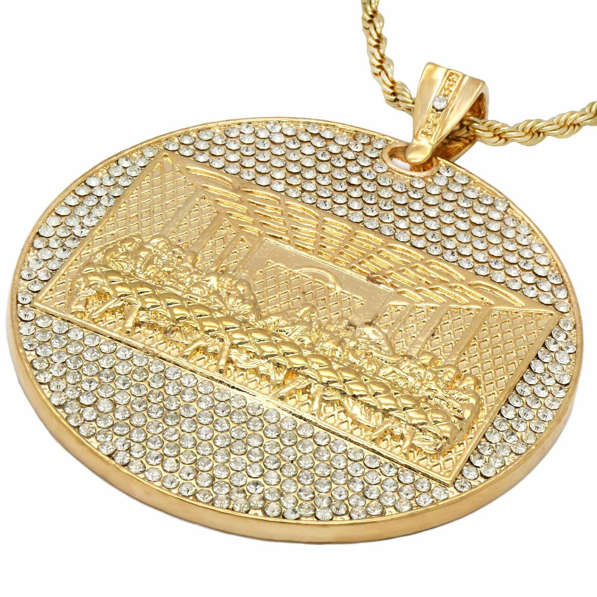 14k Gold " Huge Last Supper" Pendant CZ 30" Rope Chain