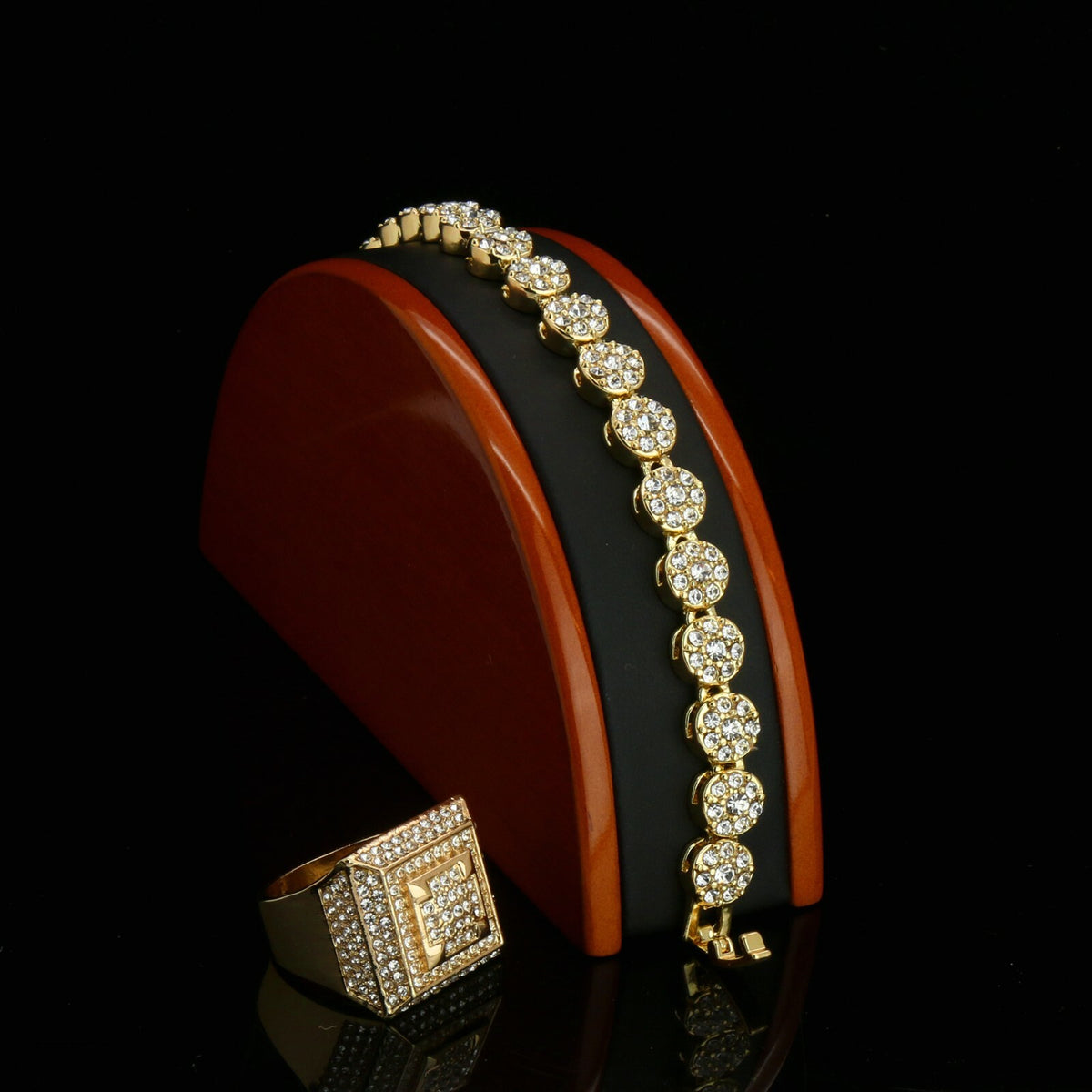 Men's Gold Iced CZ Round Flower Bracelet 3D Dome Ring