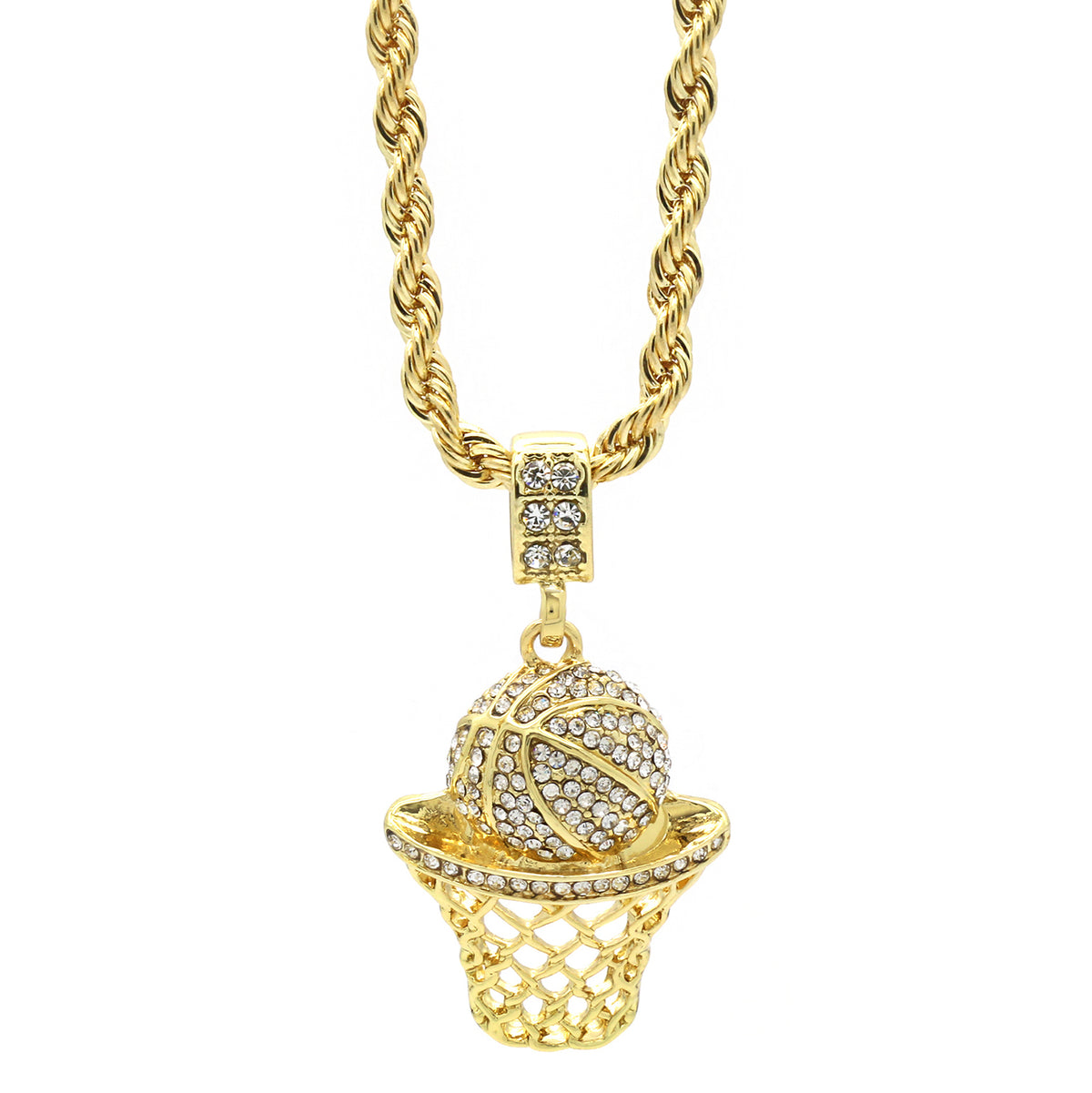 Men's 14k Gold Basketball CZ Pendant 24" Rope Chain