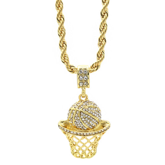 Men's 14k Gold Basketball CZ Pendant 24" Rope Chain