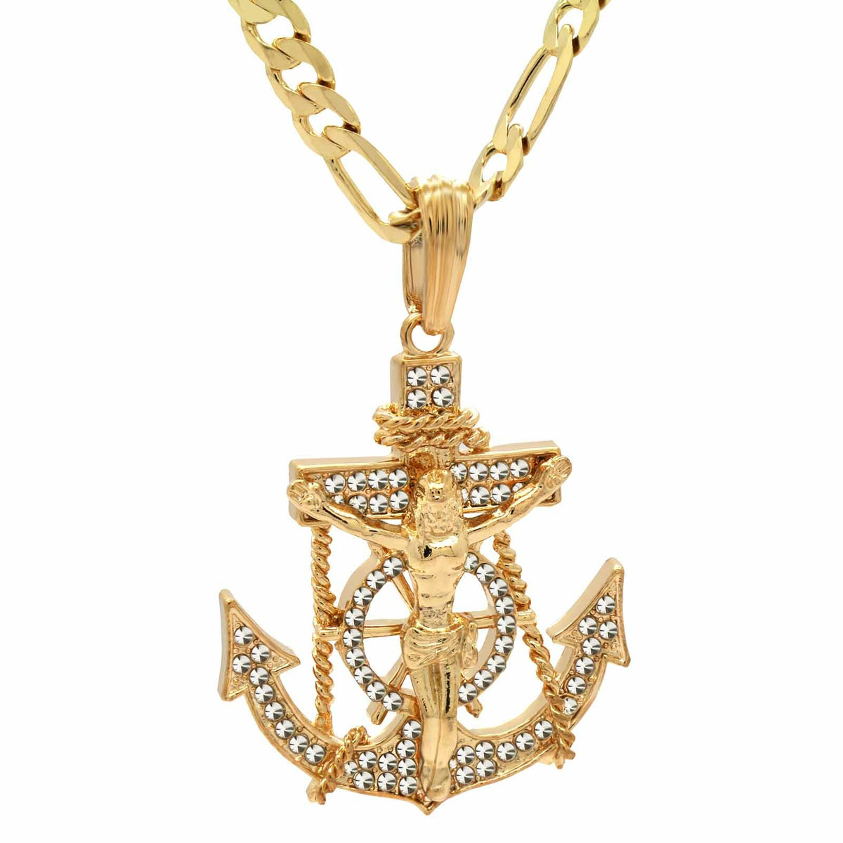 14k Gold Jesus Anchor Pendant CZ 30" Figaro Chain