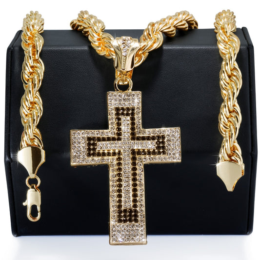14k Rope Chain 10mm 20" & 24"In Large Cross Black Gold Style