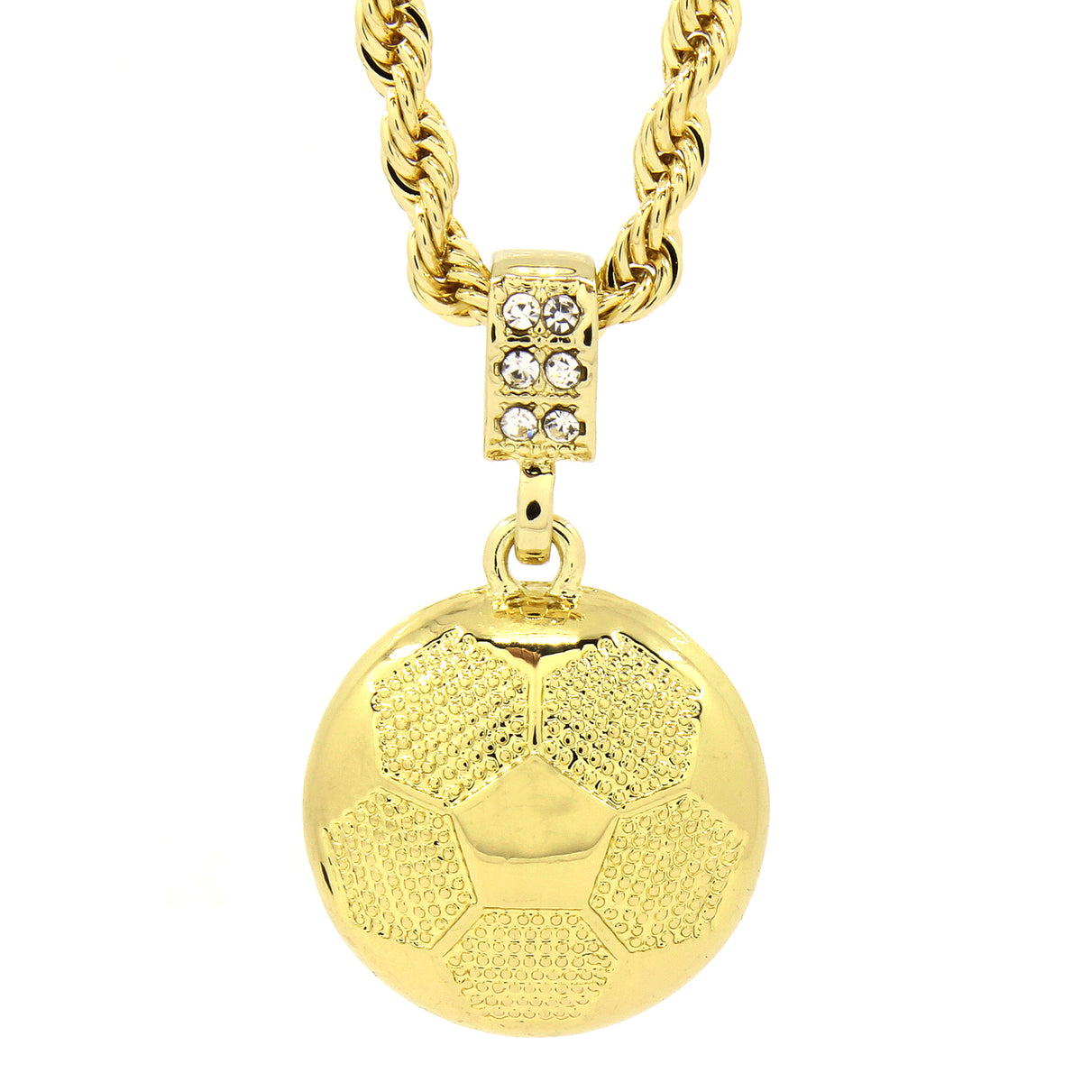 Men's 14k Gold Soccer Ball Pendant CZ 24" Rope Chain Pendant