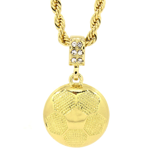 Men's 14k Gold Soccer Ball Pendant CZ 24" Rope Chain Pendant