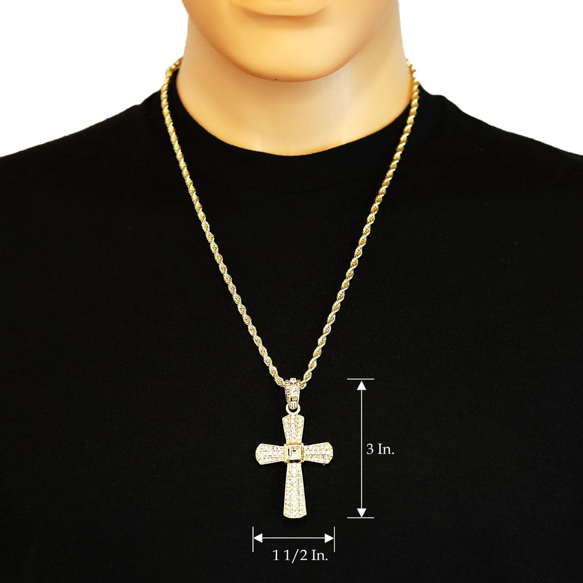 Iced Cross Pendant Big Stone CZ 14k Gold Rope Chain for Men's